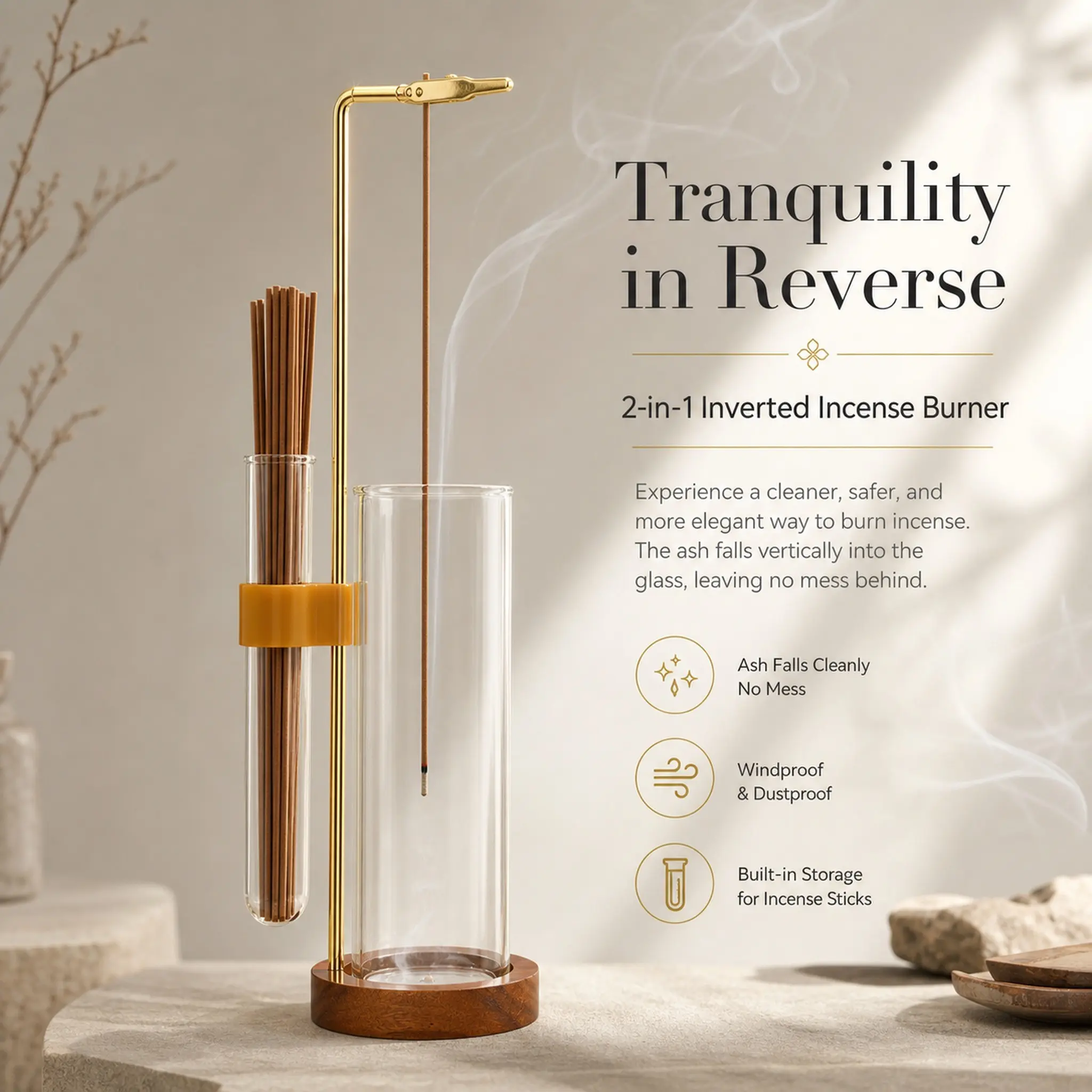 Two-In-One Wood Glass Incense Holder Ash Collector, with Incense Storage Tube, Anti-Scatter Ash Burner, Home Tea Room Bedroom Desk Decor