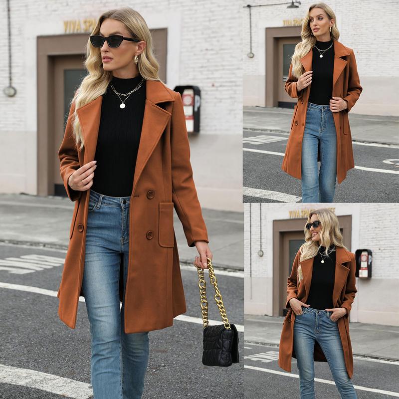 Molitree Women's Winter Wool Blend Camel Mid-Long Coat Notch Double-Breasted Lapel Jacket Outwear Womenswear Tops Minimalist Collared Casual Button Molitree Women's Winter Wool Blend Camel Mid-Long Coat Notch Double-Breasted Lapel Jacket Outwear Womenswear Tops Minimalist Collared Casual Button