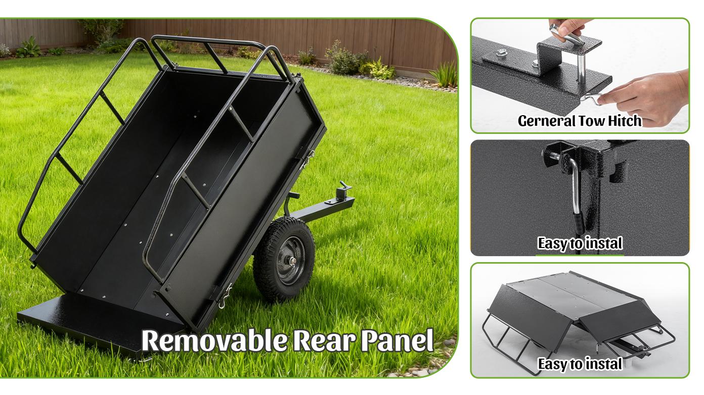 600lb Capacity Heavy Duty Dump Cart 17 Cubic Feet Lawn Trailer with Dual-Control Dump, 15" Pneumatic Tires, Steel Frame for Lawn Tractor ATV UTV Towing