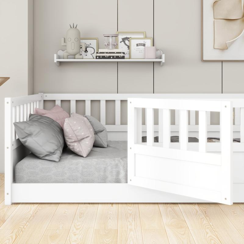 Twin Size Floor Bed, Integral Construction with Super High Security Barrier, Door, Children's Floor Bed Frame, Montessori Wooden Children's Floor Bed