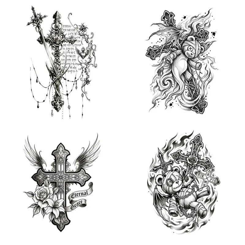 Revolutionary Gothic Cross Semi-Permanent Tattoo Stickers, Dark Rose Bandage Bear Winged Cross Fake Tattoos, Waterproof Herbal Large Temporary Tattoos, Aesthetic Punk Big Tattoo for Arm Thigh