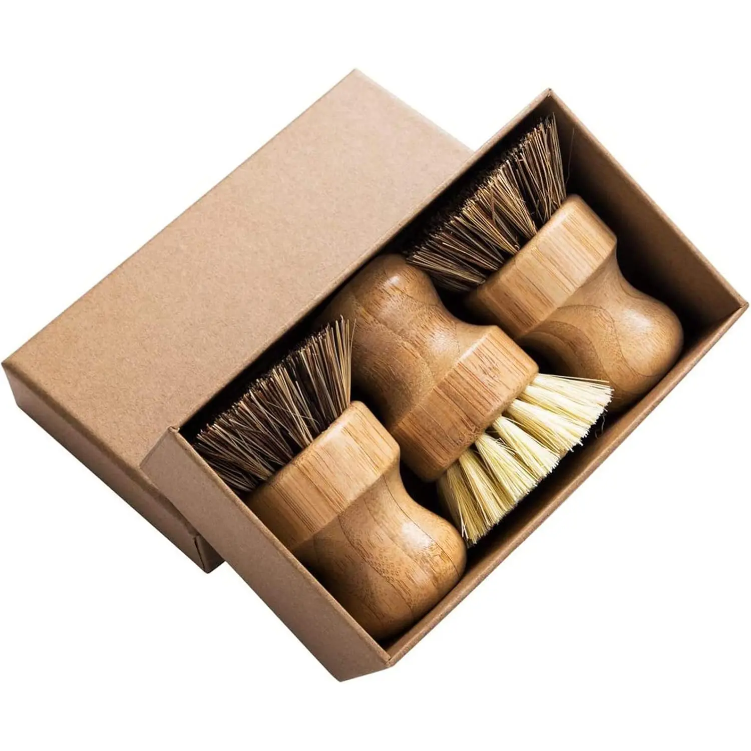 Palm Pot Brush- Bamboo Round 3 Packs Mini Dish Brush Natural Scrub Brush Durable Scrubber Cleaning Kit with Union Fiber and Tampico Fiber for Cleaning Pots, Pans and Vegetables