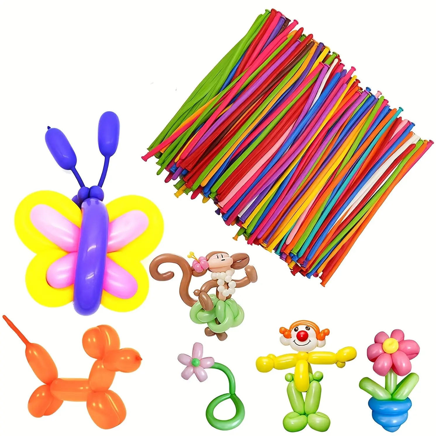 100 Long Latex Balloons - Stretch Tight Fun Animal Shape Balloons (Monkeys, Dogs, Butterflies) for Birthday Party, Wedding Decor - No Electricity Needed - Ideal for Event Planners, Home Supplies Festive Decor, Long Shape
