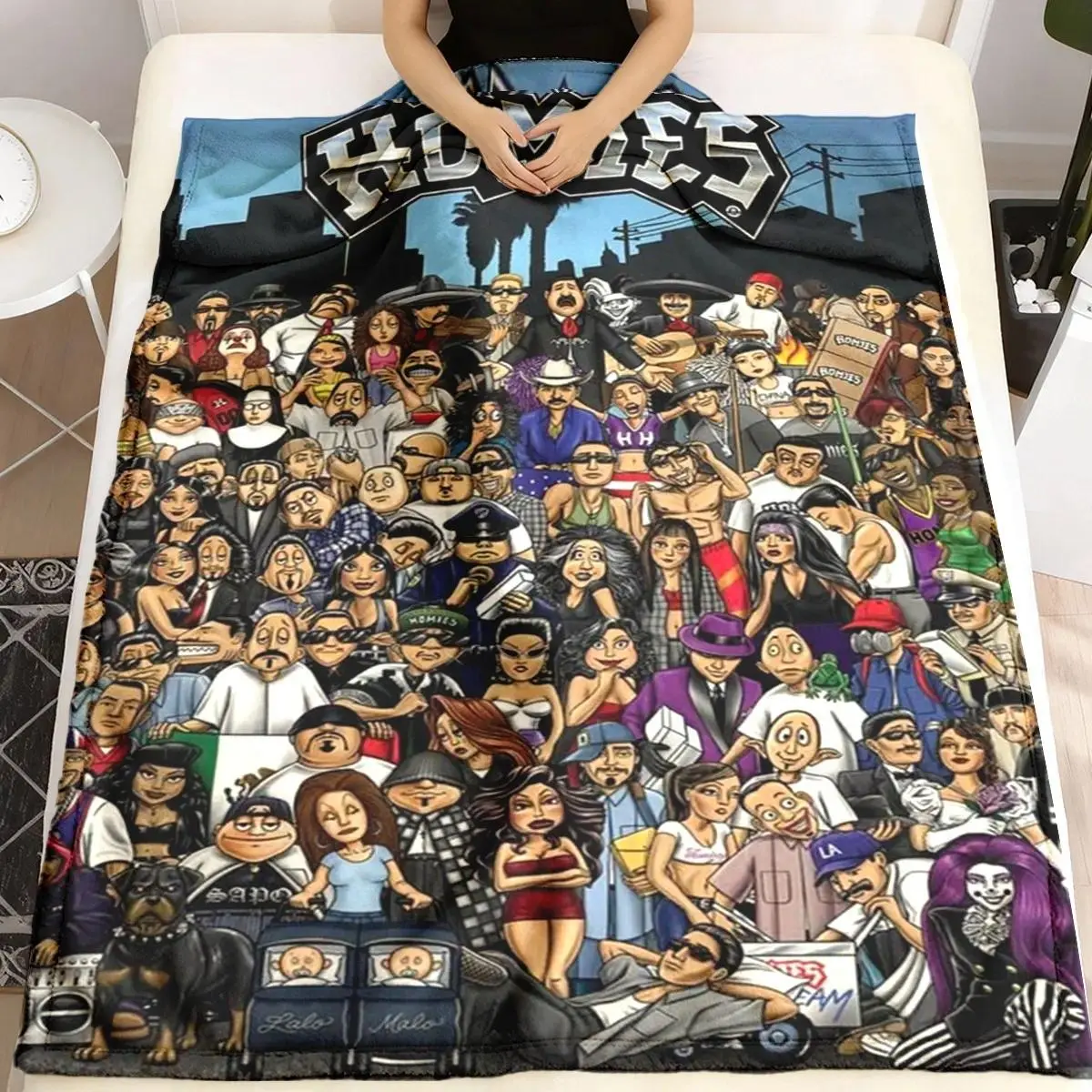 Homies Chicano Hip Hop Cartoon Flannel Throw Blanket - Fade-Resistant, Durable, Vibrant Collage, All-Seasons Soft Lightweight Warm Blanket for Bed, Camping, Latino Culture Decor, Christmas Fan Gift