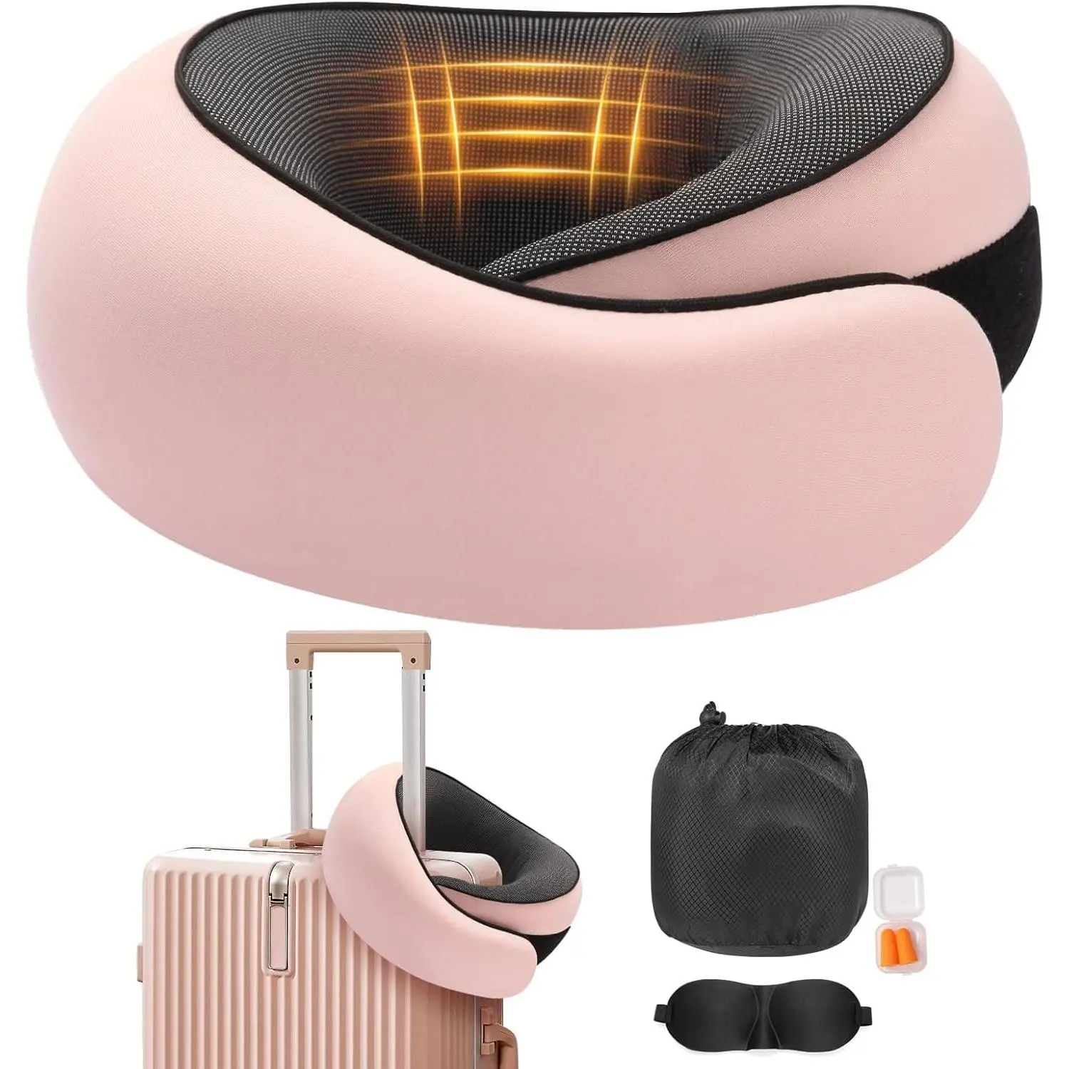 Travel Pillow for Neck Pain Relief - 360-Degree Wrap-Around, All Neck Sizes, Machine Washable, Breathable, Compact Fold-Up with Eye Mask, Earplug Holder, Carry Bag for International Travel, Airplane/Office Use