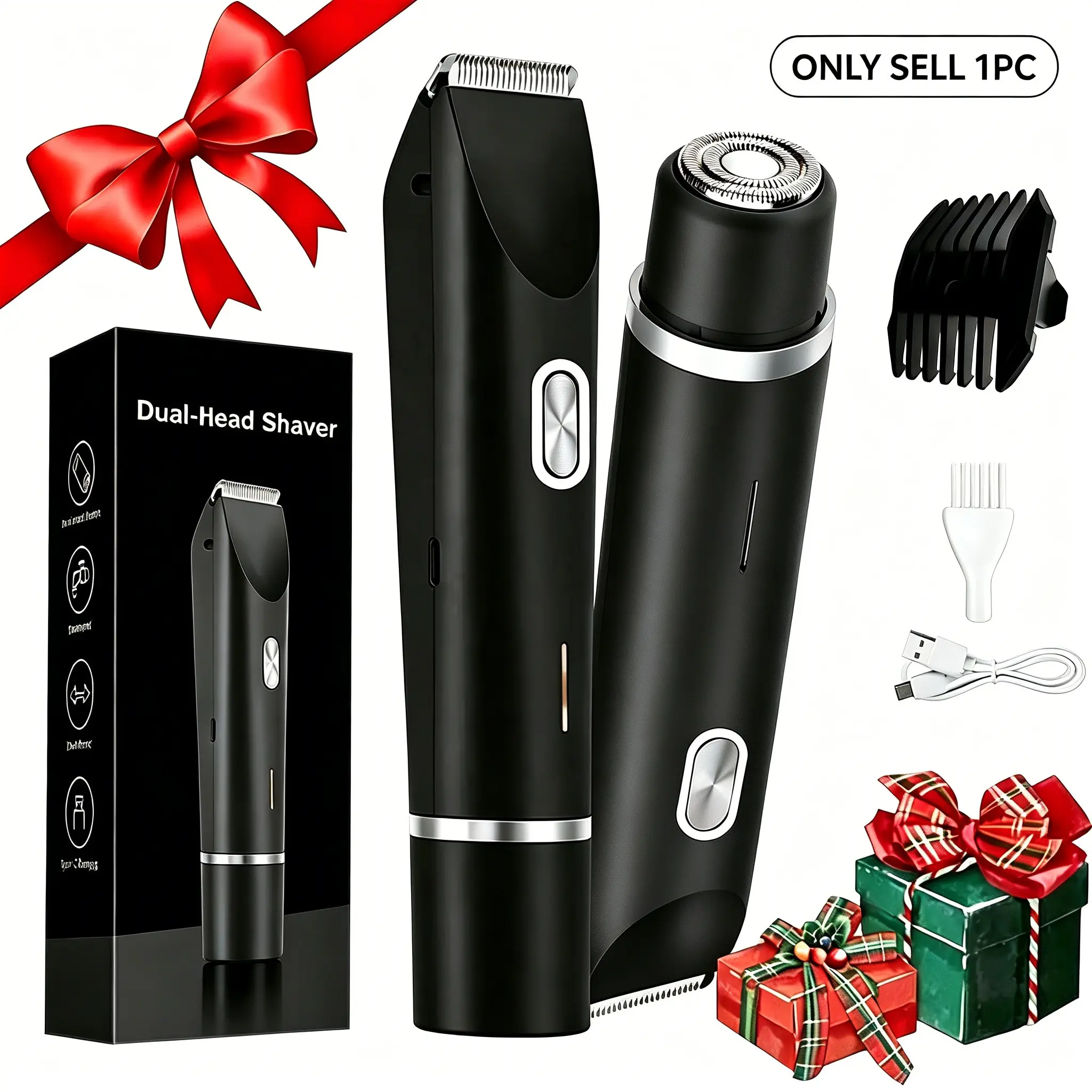 Women's bikini trimmer, electric hair remover and shaver, rechargeable 2-in-1 body and facial hair remover, dual-head design, painless trimming for face, underarms, and legs, Cordless trimmer, Christmas gift, New Year gift for hair removal and beauty