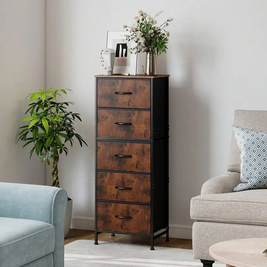 5 Drawer Dresser With Bins, Sturdy Steel Frame And Wood Top, Storage Organizer Chest Bedroom, Closet, Hallway, Rust