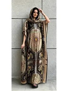 Vintage Floral Print Boho Pattern Loose Robe Dress, Arab Dubai Travel, Two-Piece Set with Headscarf Shawl, Ethnic Style, Casual Vacation Wear