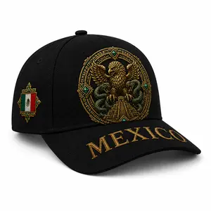 Mexico Baseball Cap with Gold Aztec Serpent Eagle Embroidery, Streetwear Dad Hats for Women and Men with Mexican Flag Patch