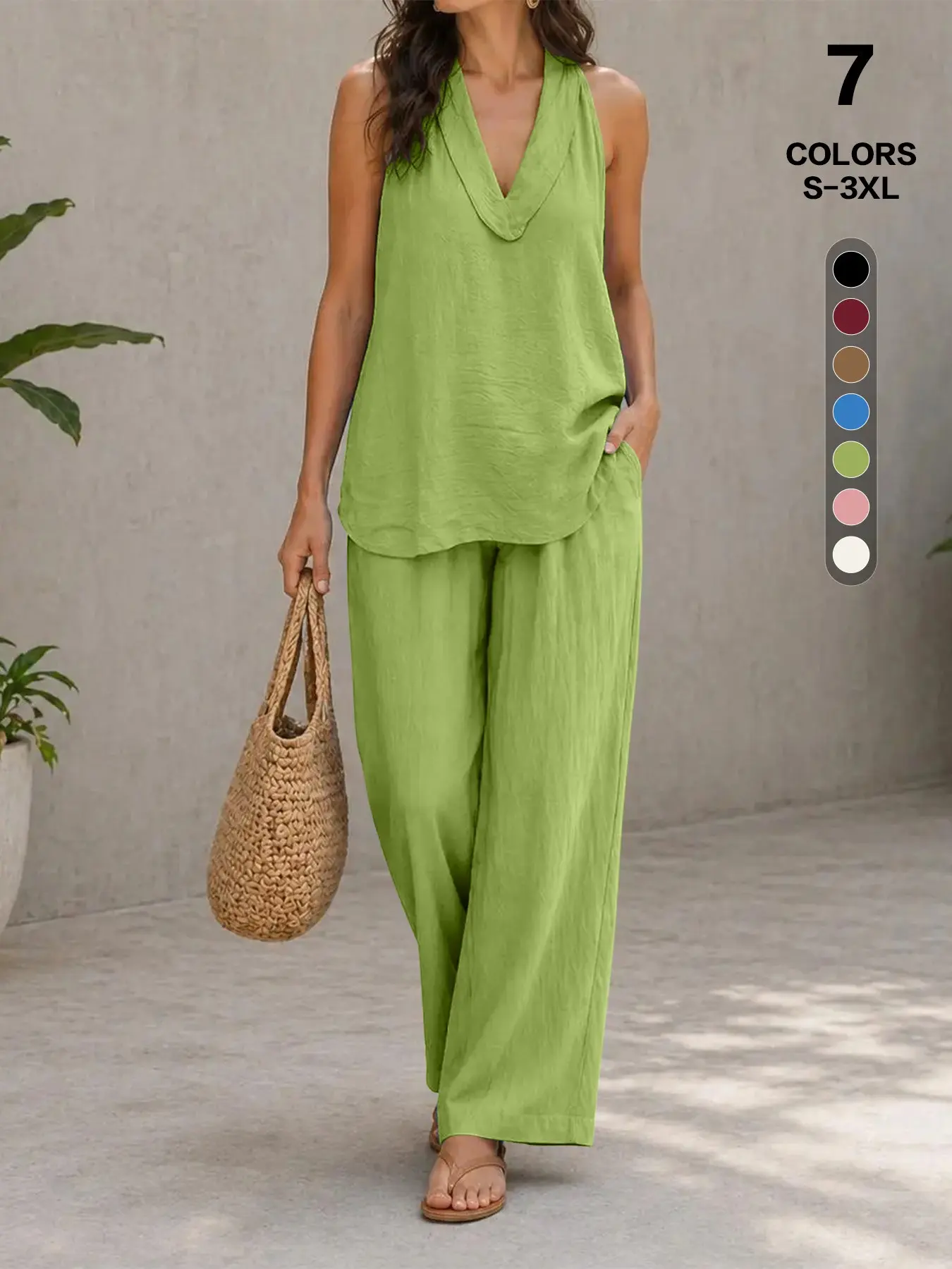 Women's 2 Piece Sleeveless Halter Neck Top with Wide Leg Pants, Casual Summer Lounge Set, Loose-Fitting, Pockets, All Seasons Womenswear