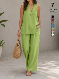 Women's 2 Piece Sleeveless Halter Top with Wide Leg Pants, Casual Summer Lounge Set, Loose-Fitting, Pockets, All Seasons Womenswear