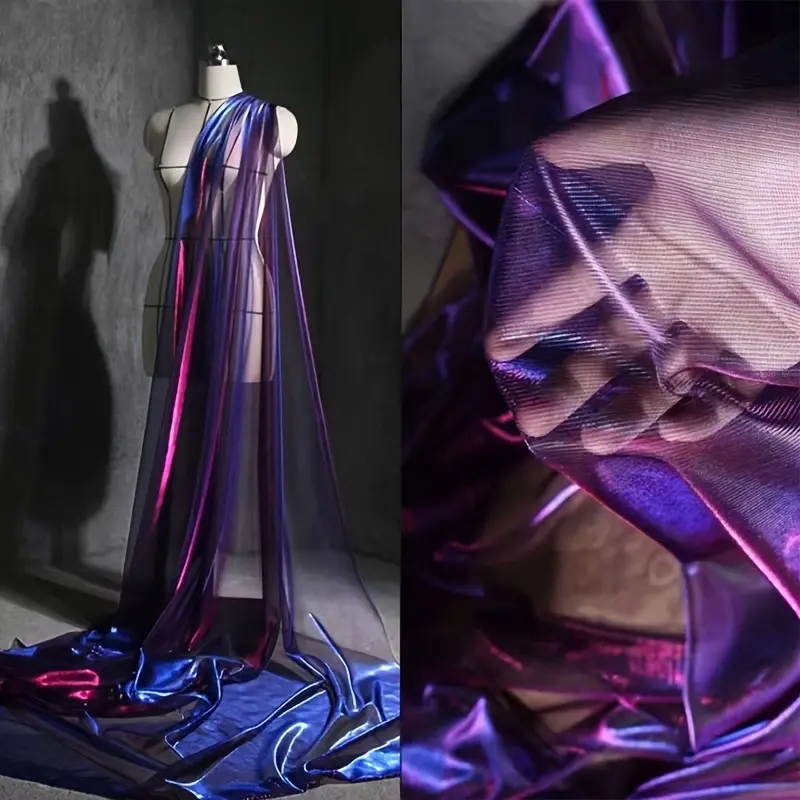 Luxury Holographic Purple Shimmer Sheer Tulle Fabric, Glossy Metallic Transparent Mesh Cloth, Multi-purpose Sewing Fabric for Formal Outfit, Stage Costume, Wedding Decor