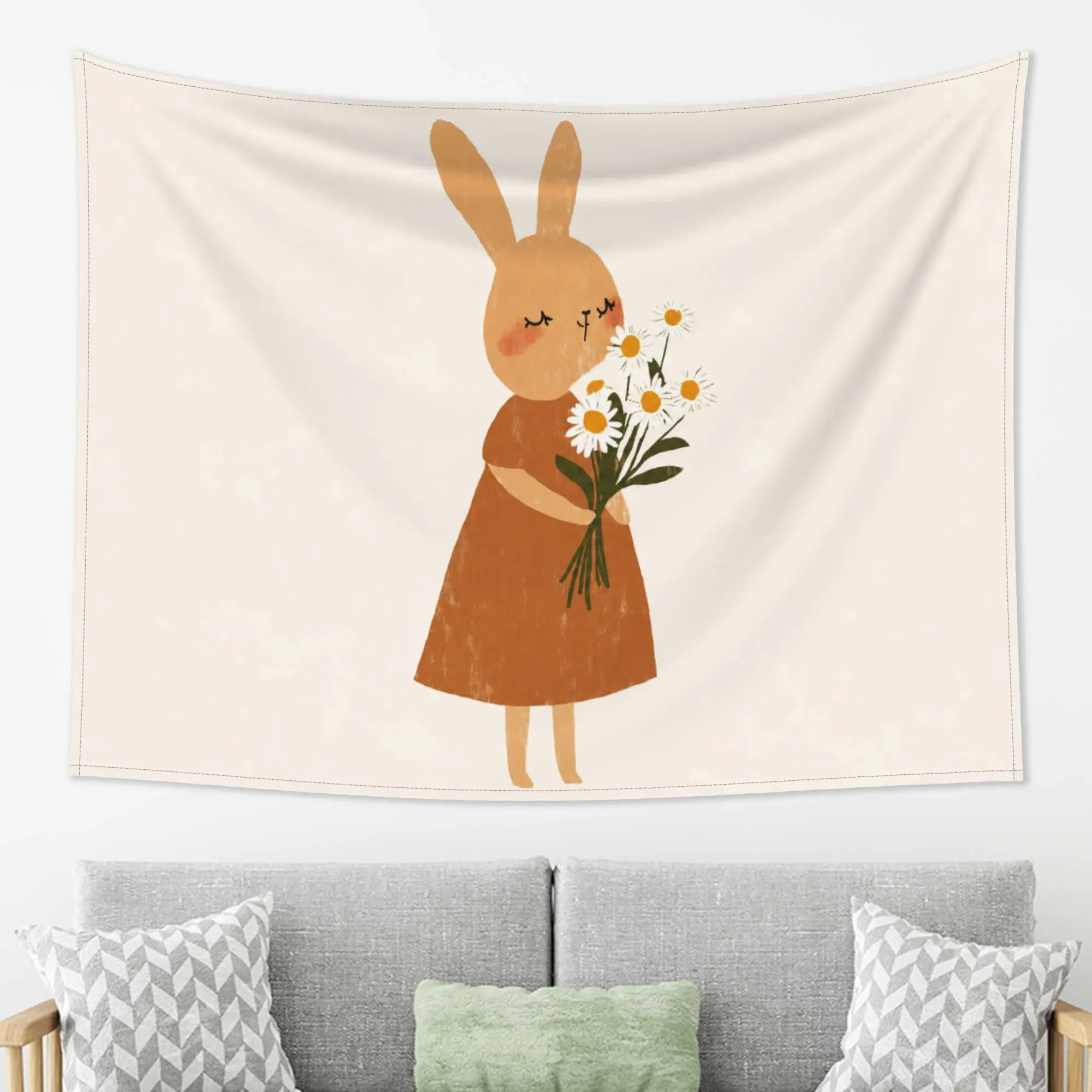 Cute Bunny Rabbit Holding Daisy Flowers Wall Tapestry, Boho Nursery Wall Decor, Sweet Animal Art Hanging for Kids Room Bedroom Living Room Home Decoration,Hippie,UV