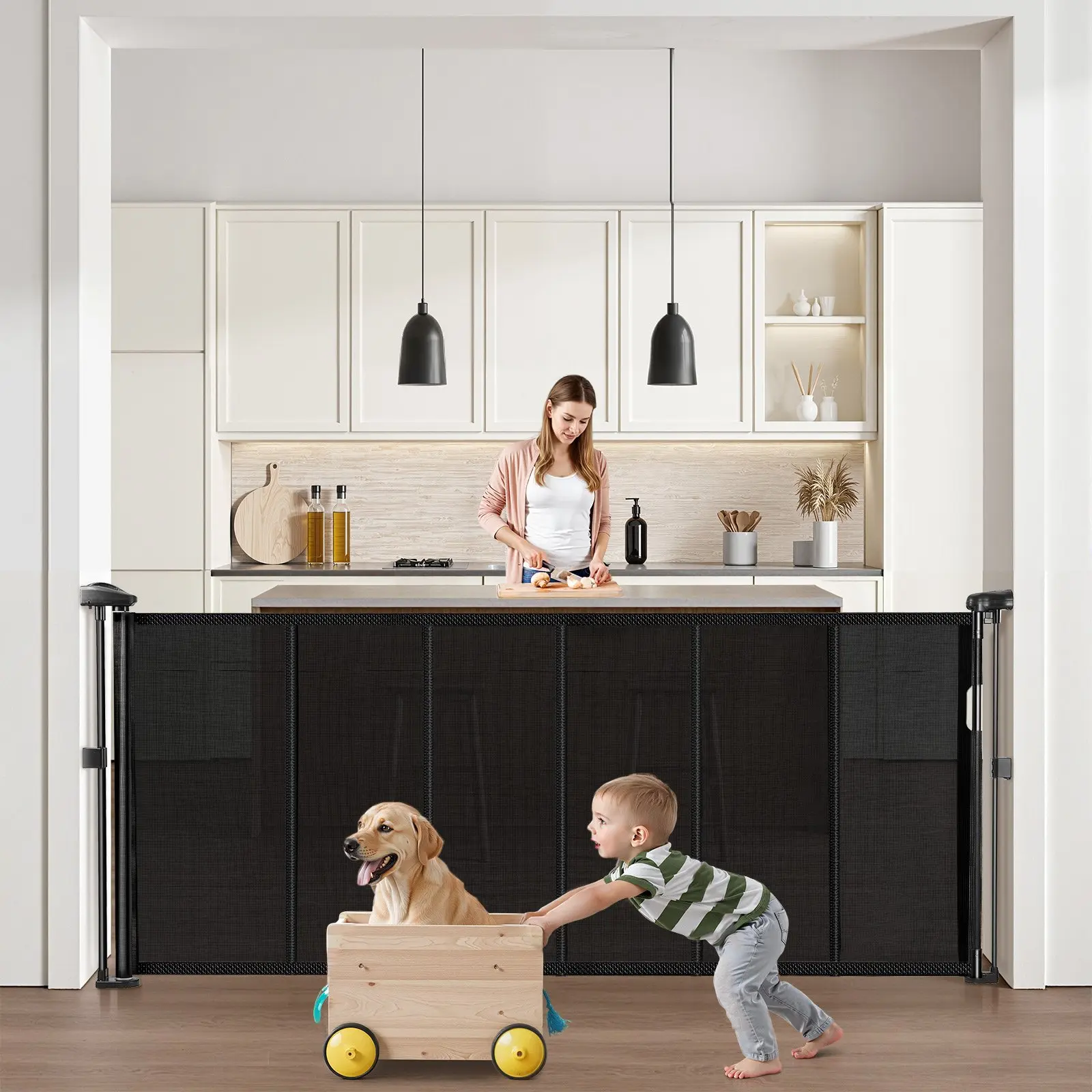 【Summerfinds】VEVOR Black Retractable Mesh Safety Gate, 34" Height, Adjustable up to 71" Wide, Anticrawl Strip, Easy 1-Hand Operation, Easy Installation, Ideal for Indoor Stairs/Doorways, Kids/Pets, 84.65x34.25x4.72in