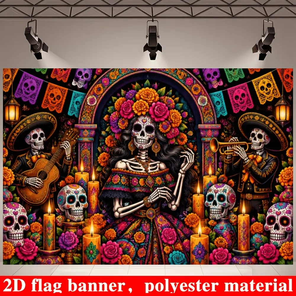 Halloween Skull Floral Theme Banner, Polyester Material, Party Decoration, Home Party Decorations, Indoor Outdoor Event Setup, Wall Decor, Photo Background