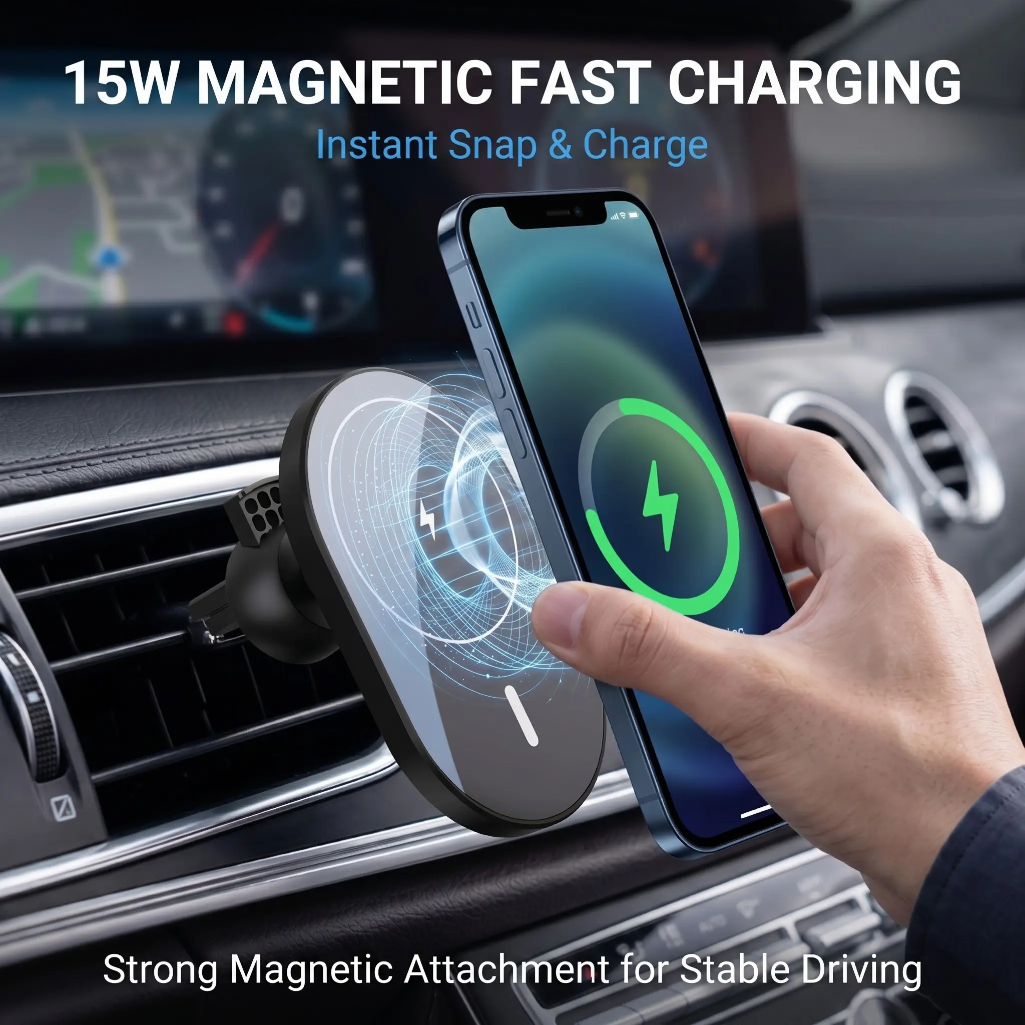 15w Magnetic Car Fast Charger Mount, Vent Clip Holder, Stable for Vehicle Movements, Compatible with Magsafe Apple Devices, Magnetic Phone Charger
