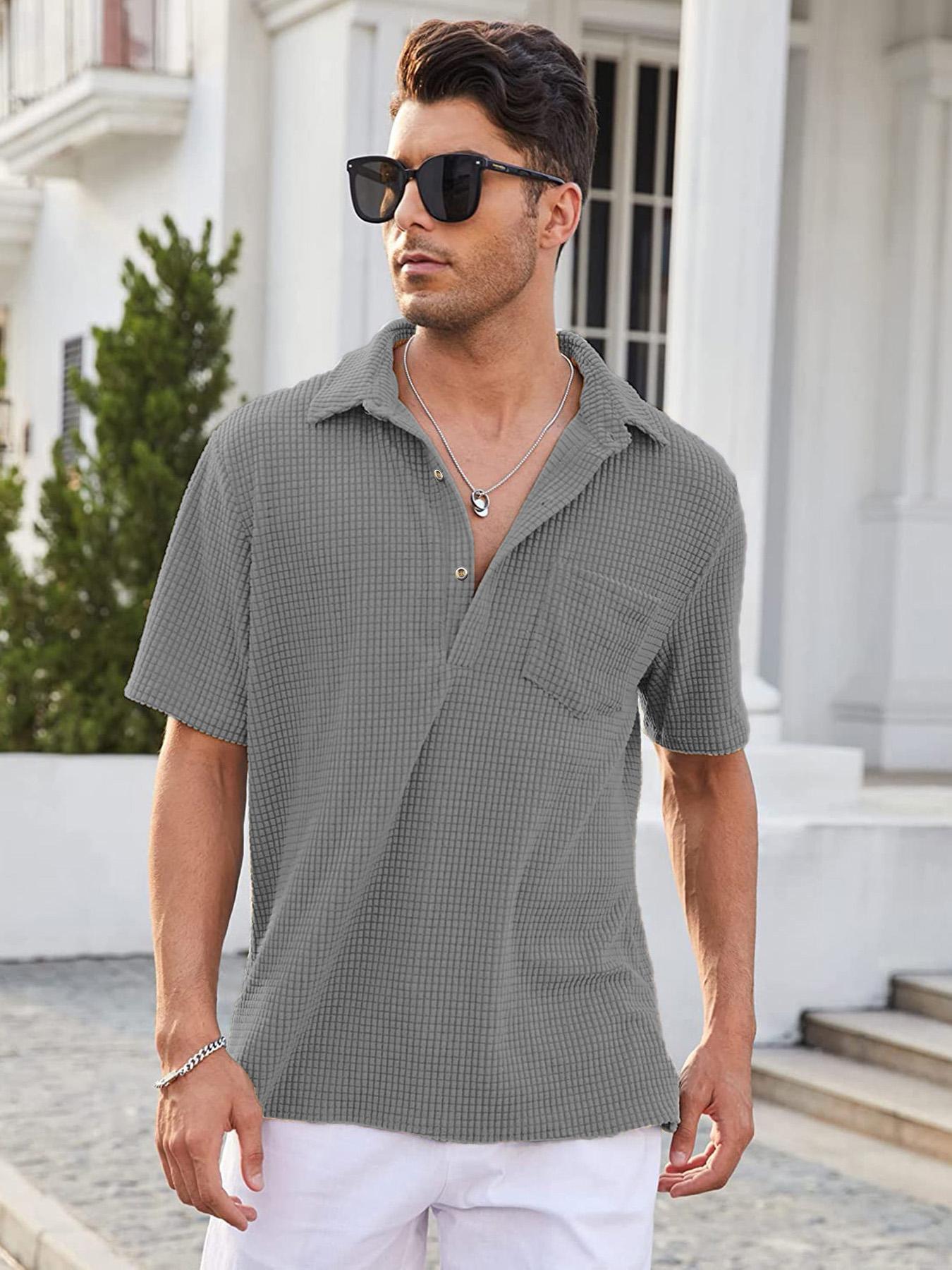 Men's Regular Fit Pocket Button Front Waffle Knit Polo Shirt, Casual Short Sleeve Top for Summer, Menswear for Daily Wear