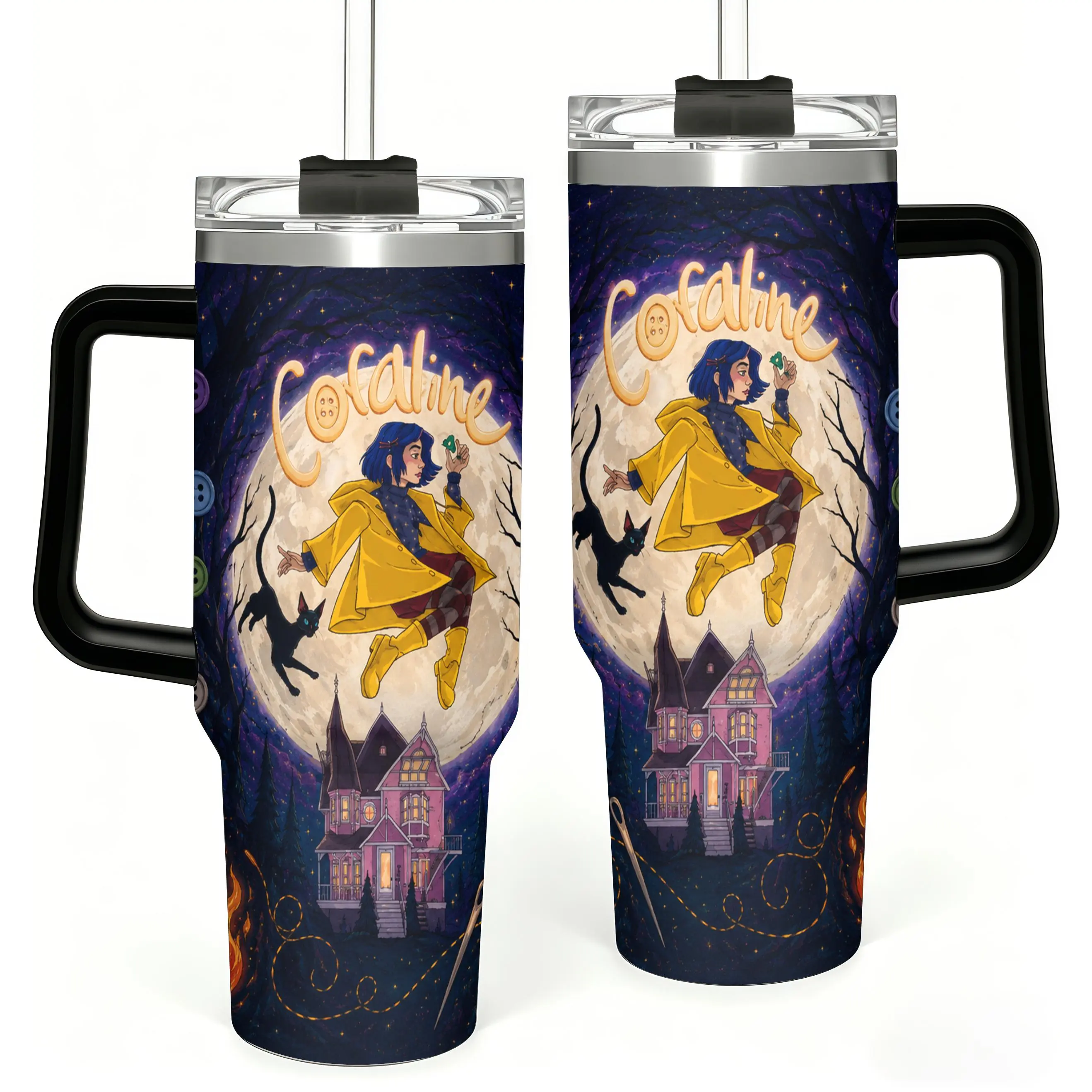 Coraline Other World 40oz Tumbler, Button Eyes Spooky Insulated Mug with Handle, Collector Edition, Halloween Present for Her