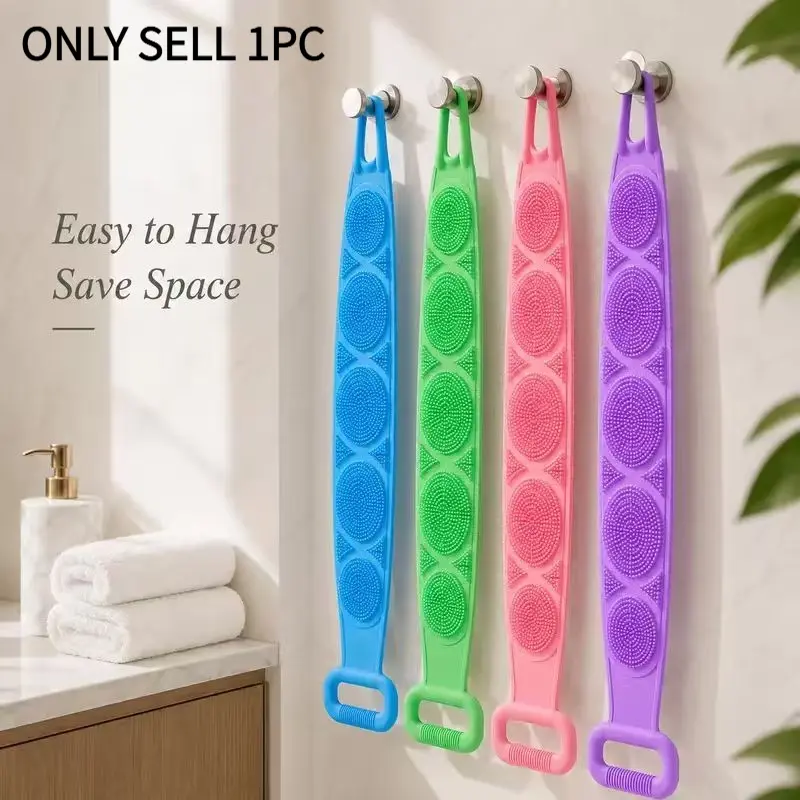 1PCS Silicone Bath Brush, Double-Sided Exfoliating Back Scrubber with Mesh Sponge, Long Body Scrub Strap with Soft Bristles & Handles, Shower Bath Tool for Back, Body Cleaning, At-Home Self Care