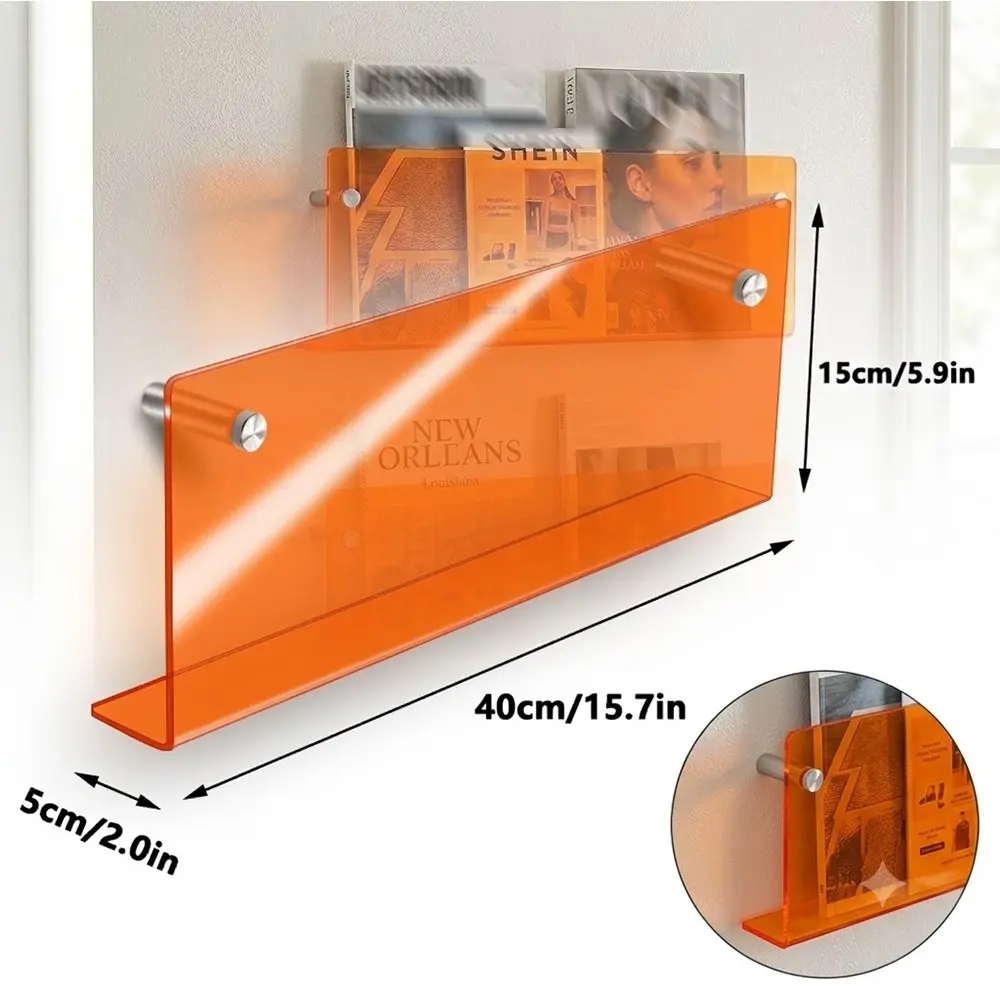 2-Pack 15.75" Acrylic Hanging Bookshelf, Wall Mount Magazine Brochure Record Organizer, Transparent Orange Literature Storage Rack for Living Room Office Waiting Area Wall Decor