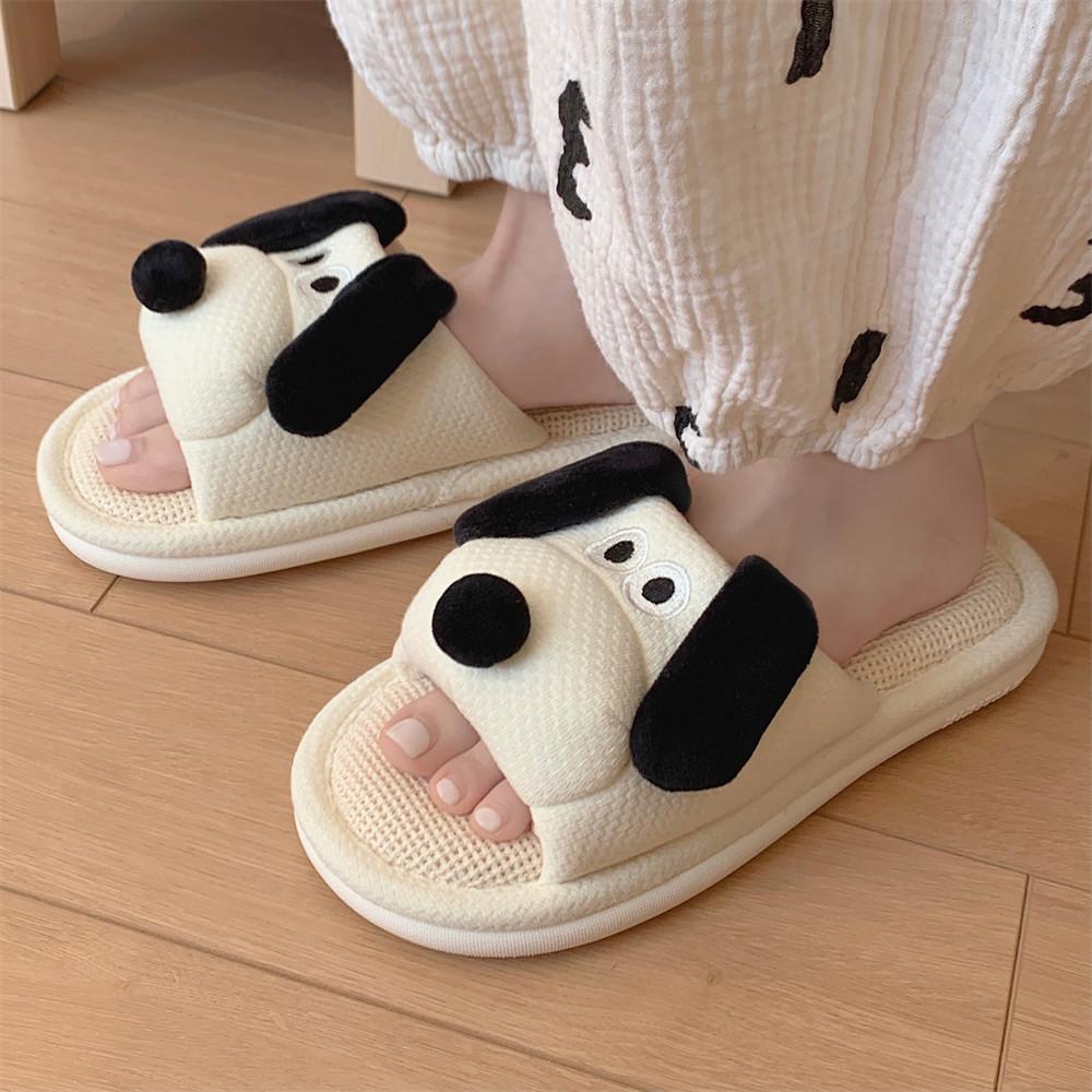 Women's big eared dog indoor poop floor slippers cute and lovely big eared dog soft soled linen slippers shoes walking shoes flip flops