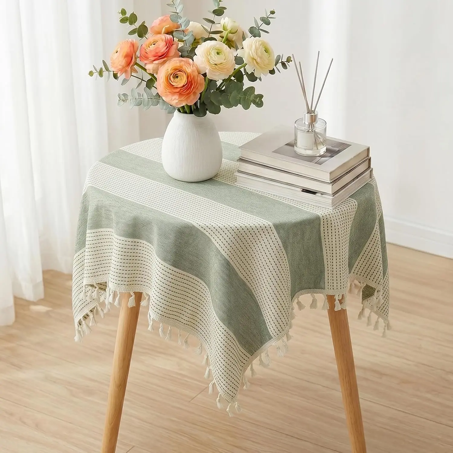 Sage Green Table Cloth, 36 x 36 inch Small Table Cloth Cover Striped Rustic Farmhouse Tablecloth, Boho End Nightstand Summer Square Outdoor Table Cover Cloth Throw for Bedside Tables Party