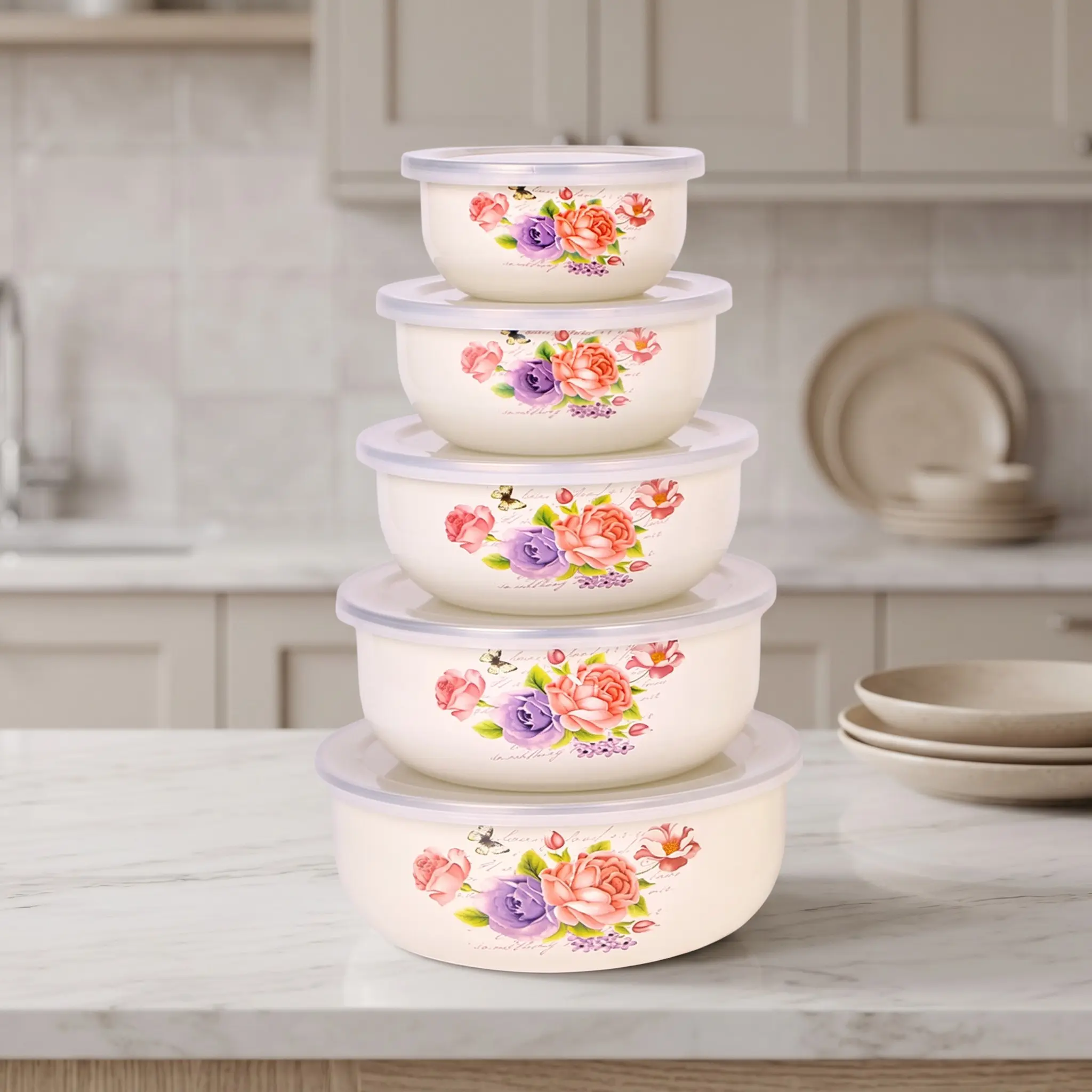 5pcs Enamel Multi-Functional Sealed Fruit Vegetable Storage Bowls, Portable Lunch Box, Salad Bowl, Food Storage Container, Kitchen & Outdoor Use