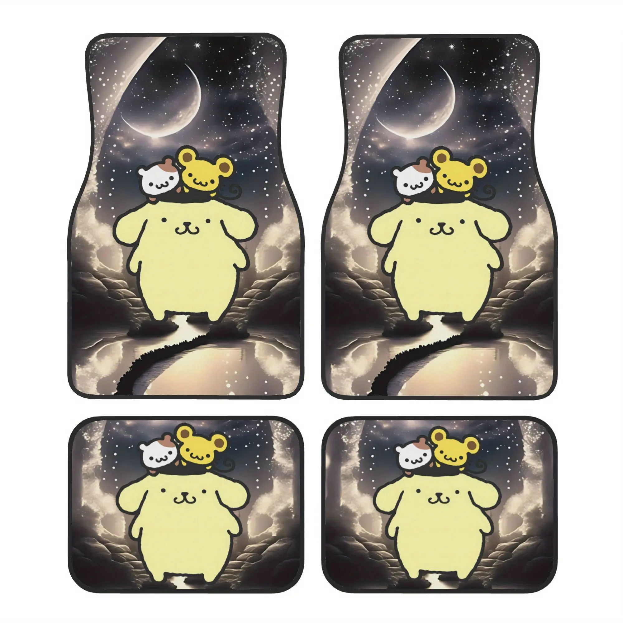 Hello Kitty and Pompompurin universal car floor mats, starry night design, 4-piece set, 100% polyester fiber, cute and kawaii car interior decoration trunk mat, non-slip protective cartoon car accessory, suitable for modern car interiors