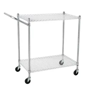 2-Tier Heavy Duty Metal Rolling Utility Cart with Handle, 500 lbs Capacity Chrome Wire Mesh Storage Trolley Organizer on Wheels for Kitchen, Office, Garage & Pantry (29.5" x 17.7" x 36.6")