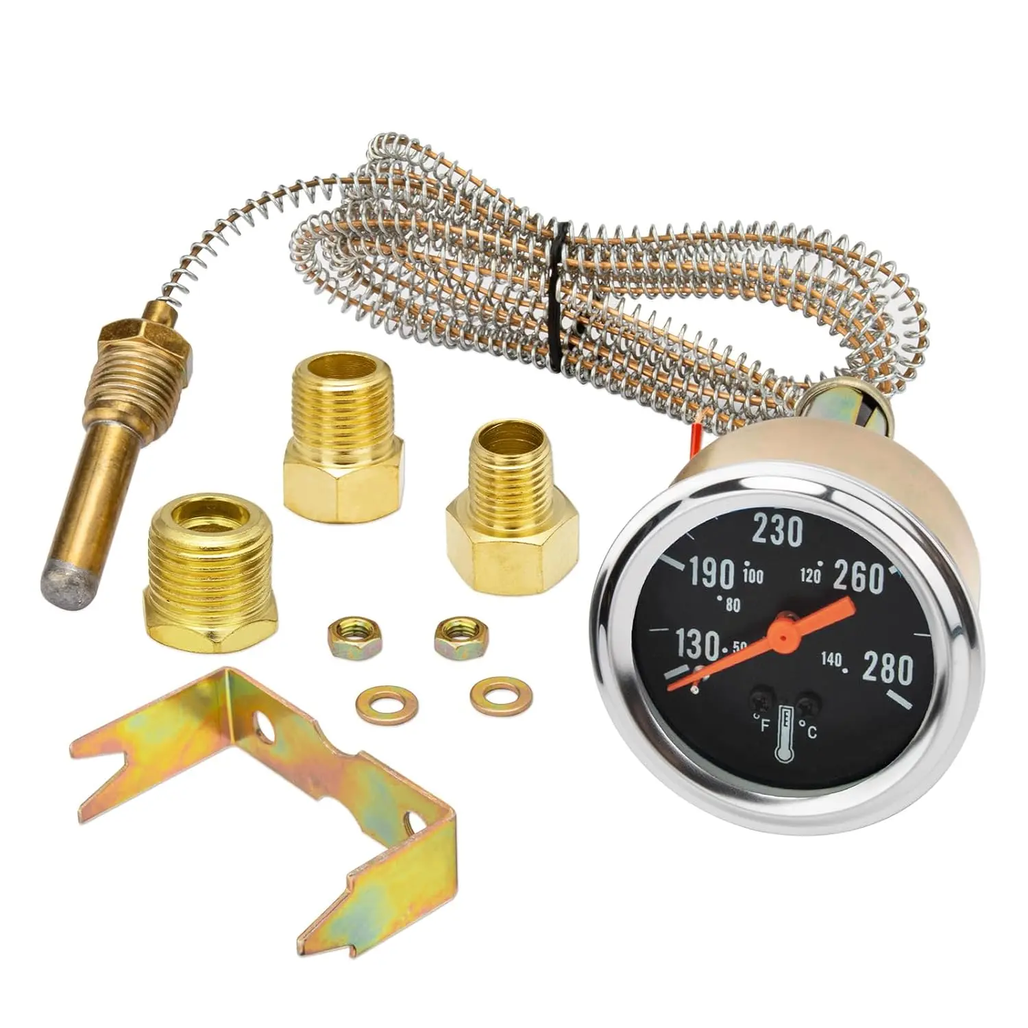 7-123 Water Temperature Gauge for Cars Ships Vehicles Trucks Accessories, 12V Pointer Mechanical Water Temp Gauge with Yellow Light, 50-140 ° C/130-280 ° F Temperature Range, 1.8m Wire Length