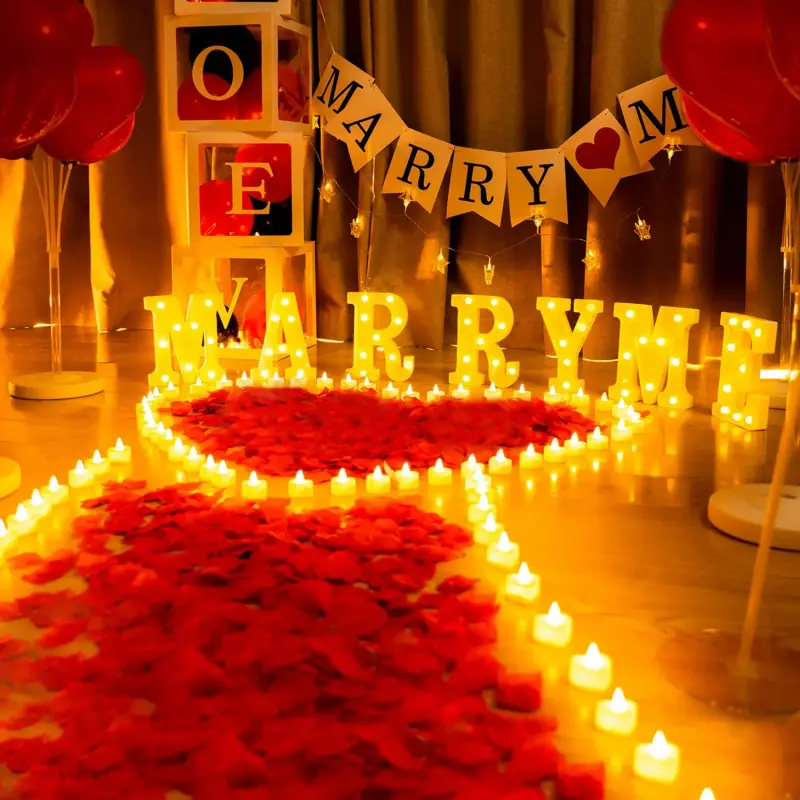 Marry Me Light Up Letters Proposal Decorations, Marry Me Sign with 24Pcs Flameless Candles 2000Pcs Red Fake Rose Petals 30Pcs Red Balloons for Valentine's Day Wedding Proposal Romantic Night Led Lighted Smooth Wall Ornaments Standing#SummerVibes