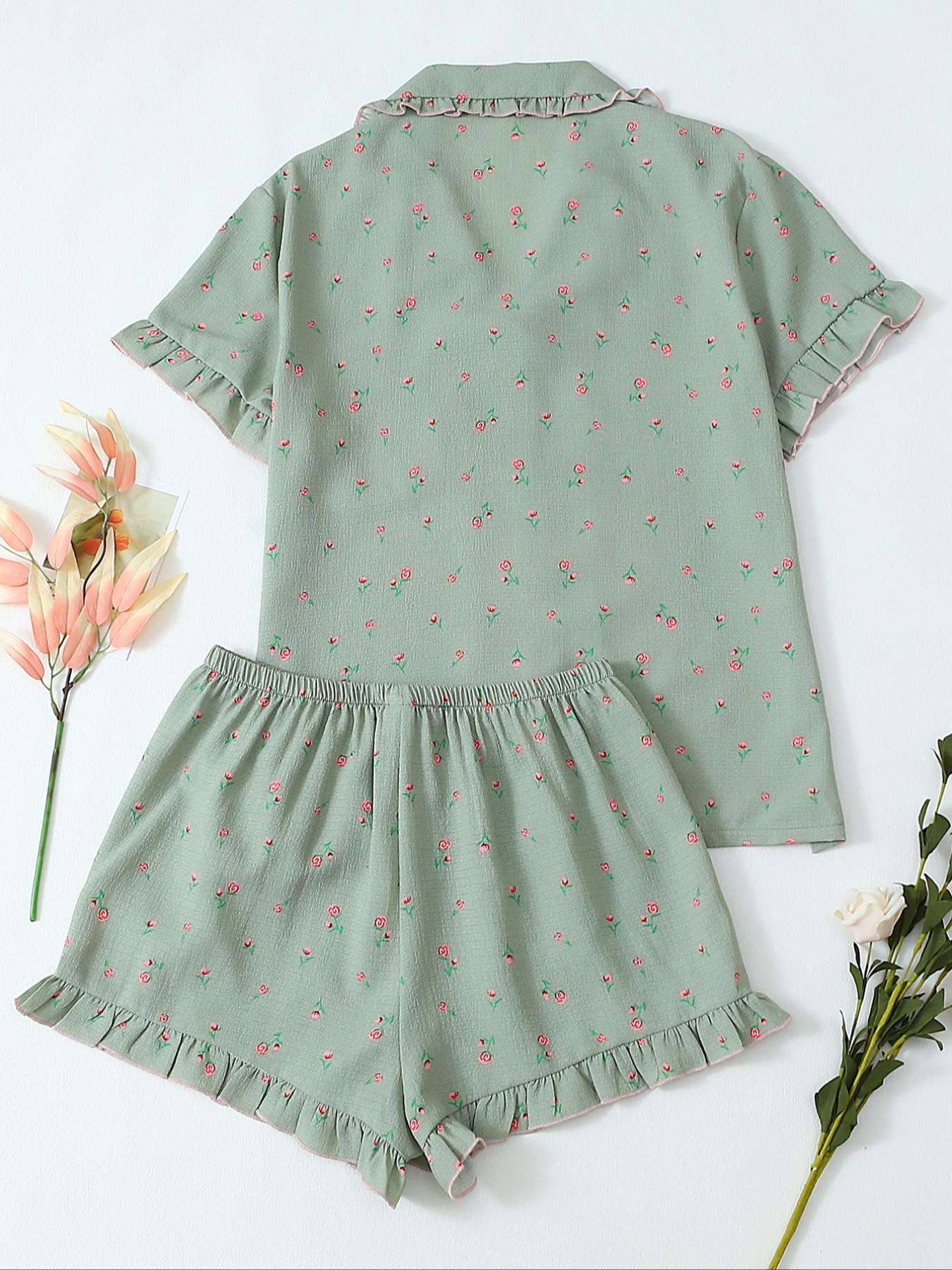 Women's Floral Print Pocket Shirt & Shorts Pyjama Two-piece Set, Casual Comfy Short Sleeve Collared Top & Shorts PJ Set, Ladies Summer Sleepwear Pajamas