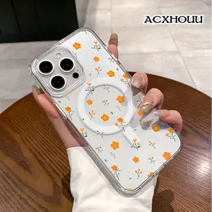 Magnetic Vintage Case for iPhone 17 16 E Pro Max 15 Plus 14 13 12 11 XS XR, Aesthetic Vibes | Lightweight, Shockproof, Silicone, Scratch Resistant, and Cute Warm Orange Soft Stem Floral Ditsy