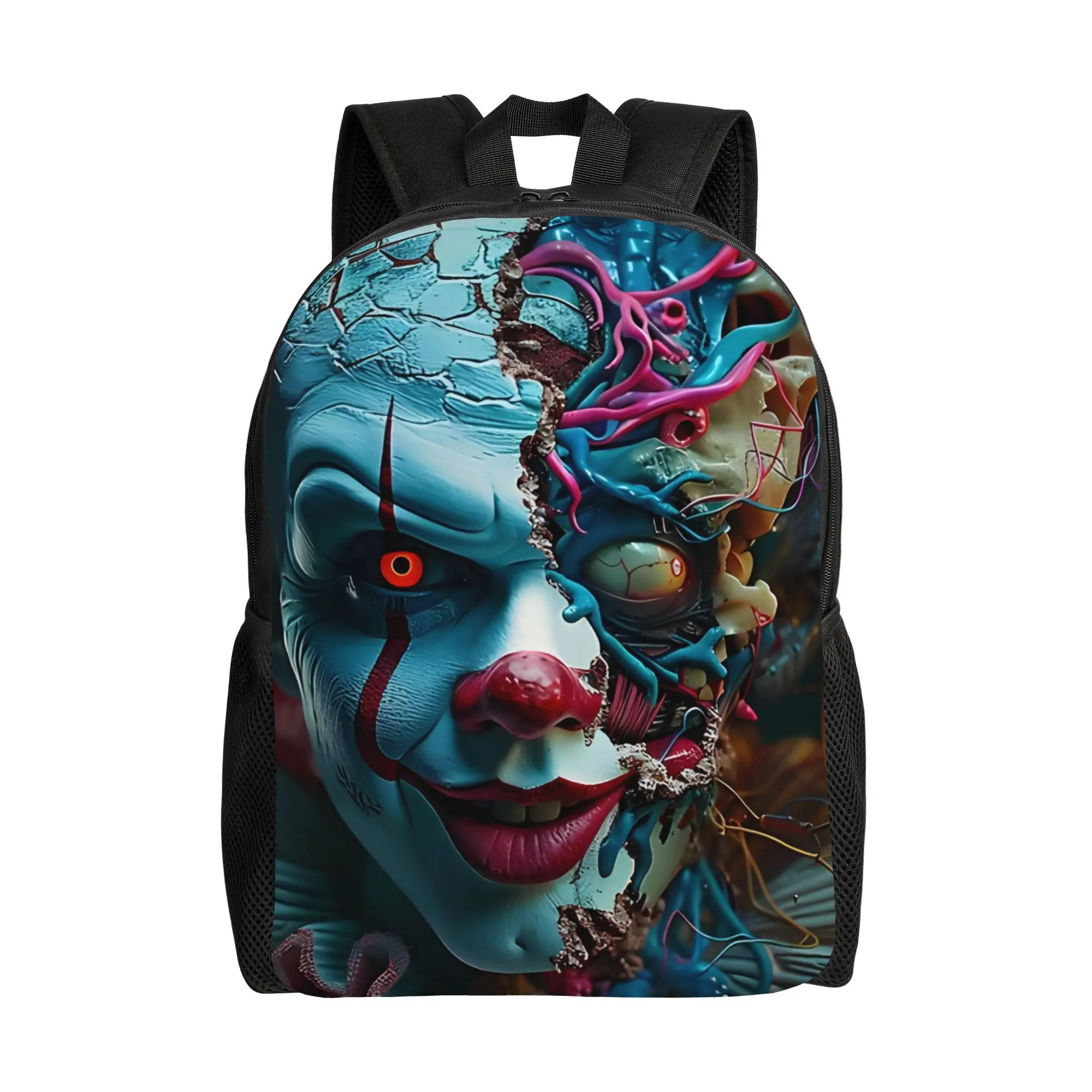 Pennywise It Cracked Biomechanical Horror Clown Backpack 600D Oxford Laptop Backpack Lightweight Padded Straps Multi Pocket Horror Movie Fan School Travel Daypack For Stephen King Horror Collectors