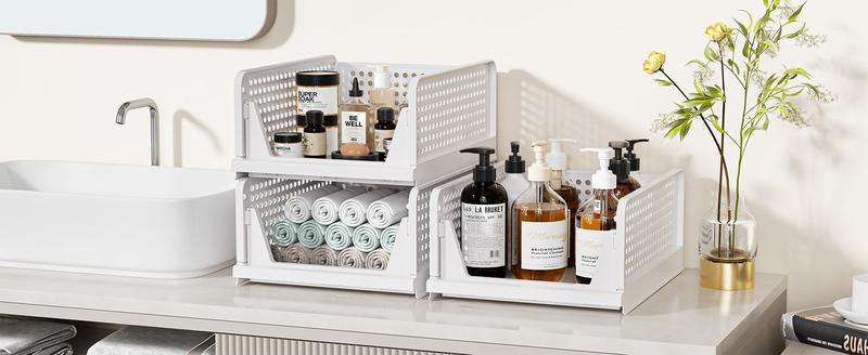 7CODE 5 Pack Stackable Closet Storage Basket, Multifunctional & Foldable Closet Organizer for Bathroom Kitchen Laundry Room Wardrobe Storage, Space-Saving Clothes Storage Drawer Organizer, White