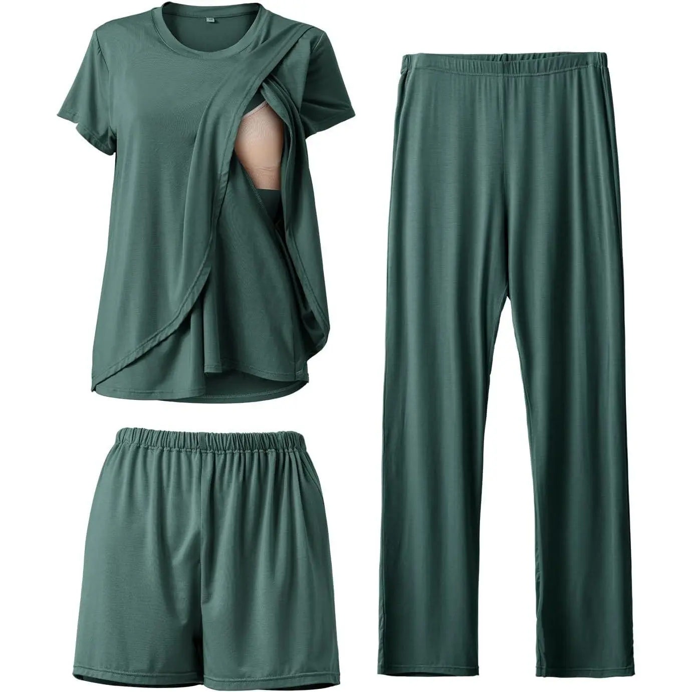 Maternity Nursing Pajama Set, 3-Piece Soft Rayon Spandex Christmas Print Sleepwear for Women with Adjustable Waist for Pregnancy & Breastfeeding, Breastfeeding Clothes, Postpartum, Maternity Clothing, Pajamas Set, Nursing Apparel, Casual, Fabric, Short Sl