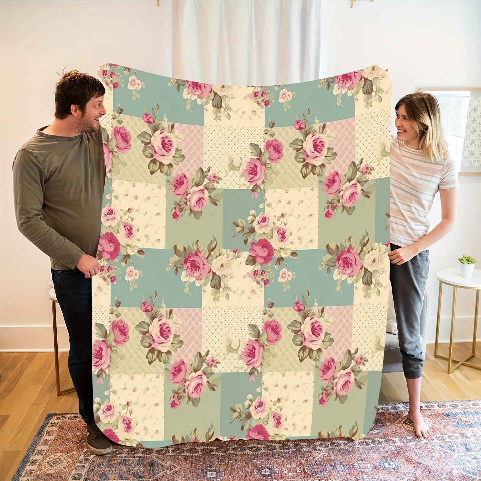 Vintage Floral Patchwork Blanket Cottagecore Room Decor Pink Rose Flannel Throw Shabby Chic Soft Warm Cozy Couch Bedding