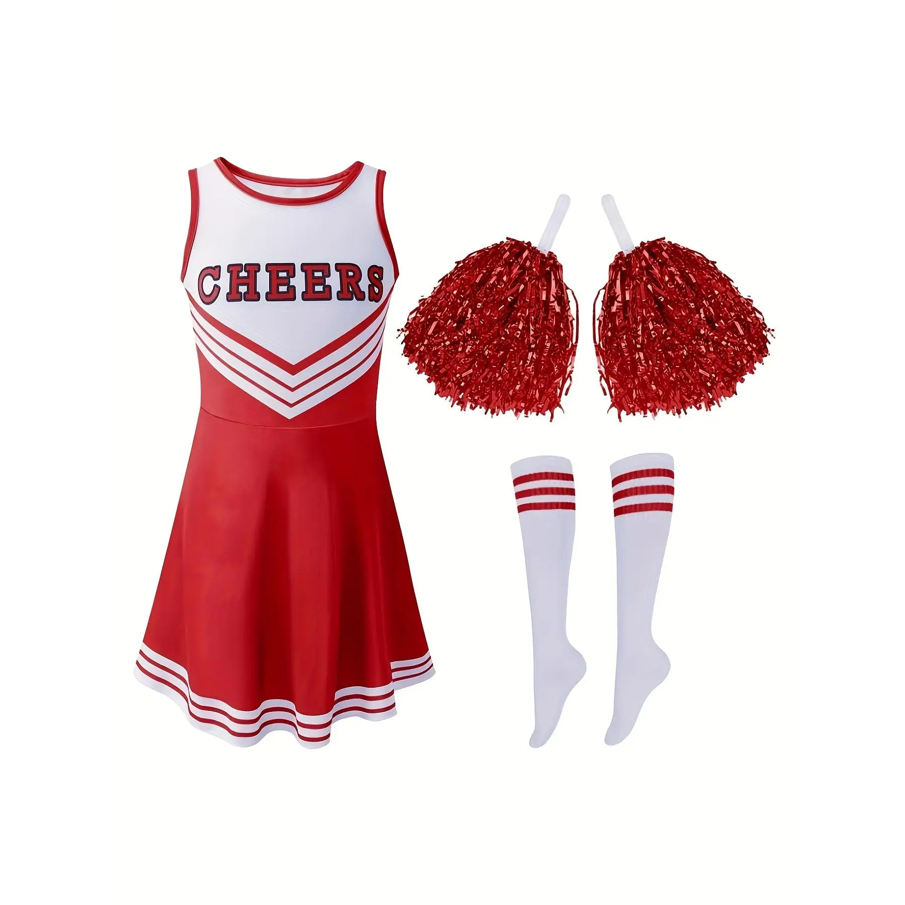 [Cheer Dress] Cute Cheerleading Dress for Girls |   with Cheer Pompoms Socks for Party Sports Outdoor Performance |   Available In Multiple Colors