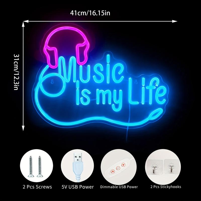 Music is my life LED neon sign, 1 piece music neon wall decoration light, dimmable headset neon light, bedroom, music studio, club, birthday, music party, live music night decoration LED wall lamp gift