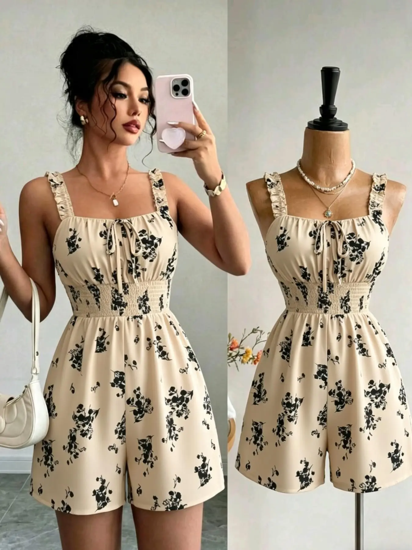Elegant Boho Floral Halter One-Piece Shorts, Square Neck Waist Cinch Slimming Vacation, French Floral Ruched Shoulder Band One-Piece Pants Women Cute Jumpsuit