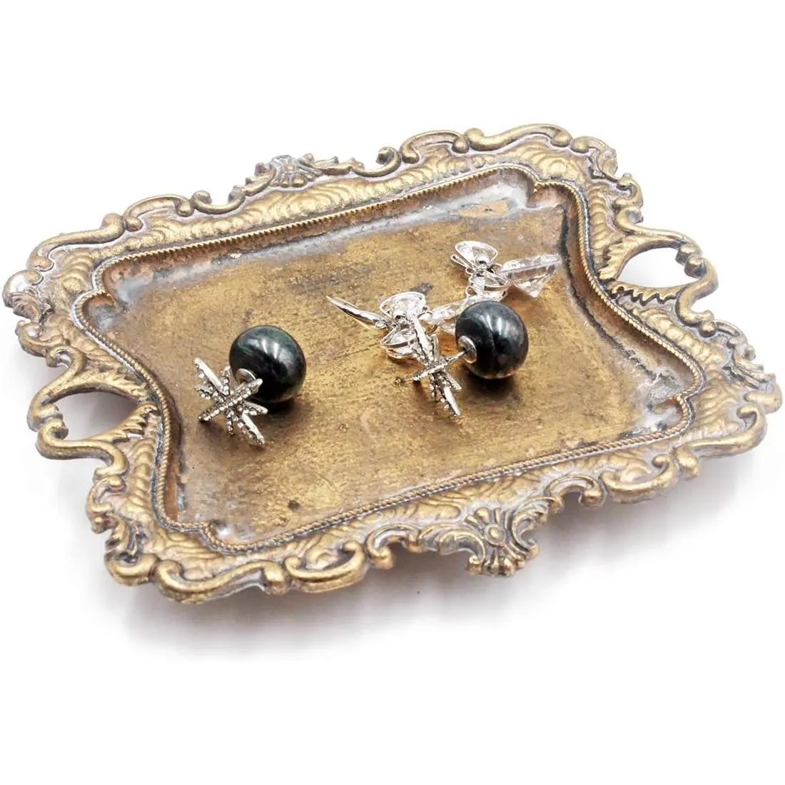 Single Distressed Antique Trinket Dish Organiser - Vintage Gold Metal Jewelry Tray, Tray Stand Jewelry Boxes & Organizers, 5.3 x 3.5 x 1.2 inches Home Supplies Storage Accessory for Flatlays, Ring Holder