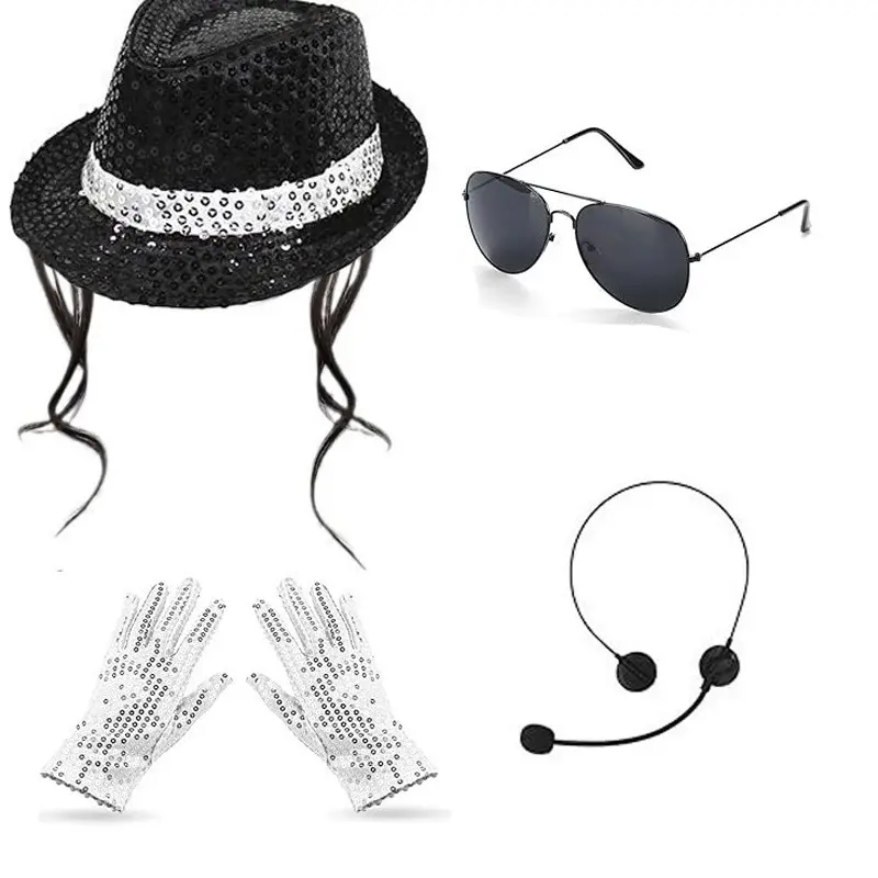 1set Halloween disco party set, combination outfit with sequined hat/glasses/bow tie/fake microphone/sequined gloves, role-playing props