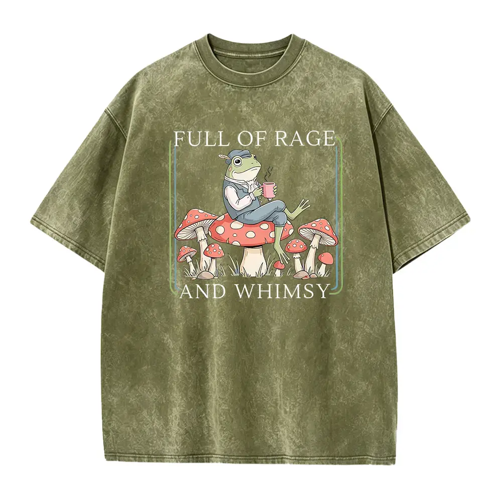 Full Of Rage And Whimsy Frog Graphic Tee Vintage Wash Acid Wash Heavyweight Premium Cotton Tshirt Front Print Cute Animal Meme T Shirt Women Short Sleeve Crewneck Top Best Gift Men Loose Casual Top Oversized