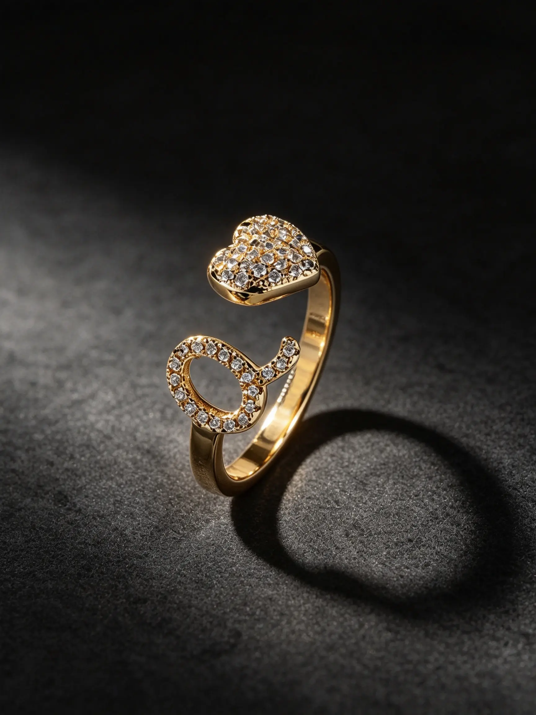 Full-diamond 26-letter heart open ring, adjustable with micro-inlaid small diamonds, a light luxury, niche daily or party jewelry gift for your girlfriend on an anniversary, Heart Shaped Ring