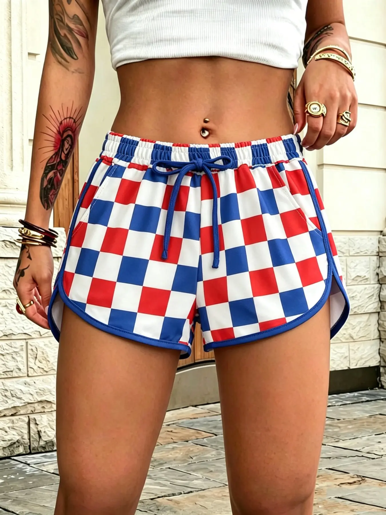 Women's Y2K Checkerboard Print Shorts High Waist Elastic Waist Casual Loose Fit Running Shorts
