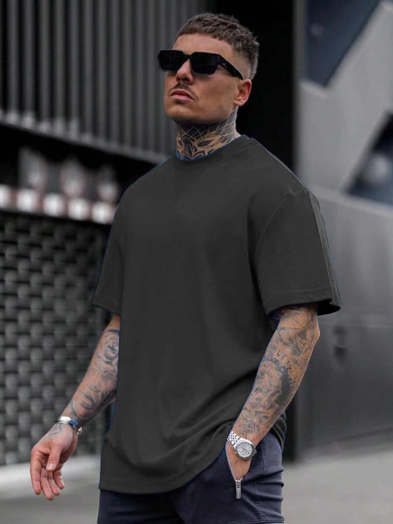 Men's Loose Fit Solid Drop Shoulder Tee, Casual Short Sleeve Round Neck T-shirt for Summer, Streetwear Men's Top for Daily Wear
