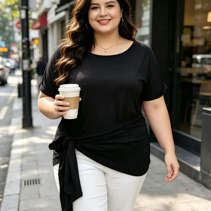 Plus Size Solid Knot Asymmetrical Tee, Minimalist Casual Short Sleeve T-shirt Tops for Summer, Women's Plus Clothing for Daily Wear