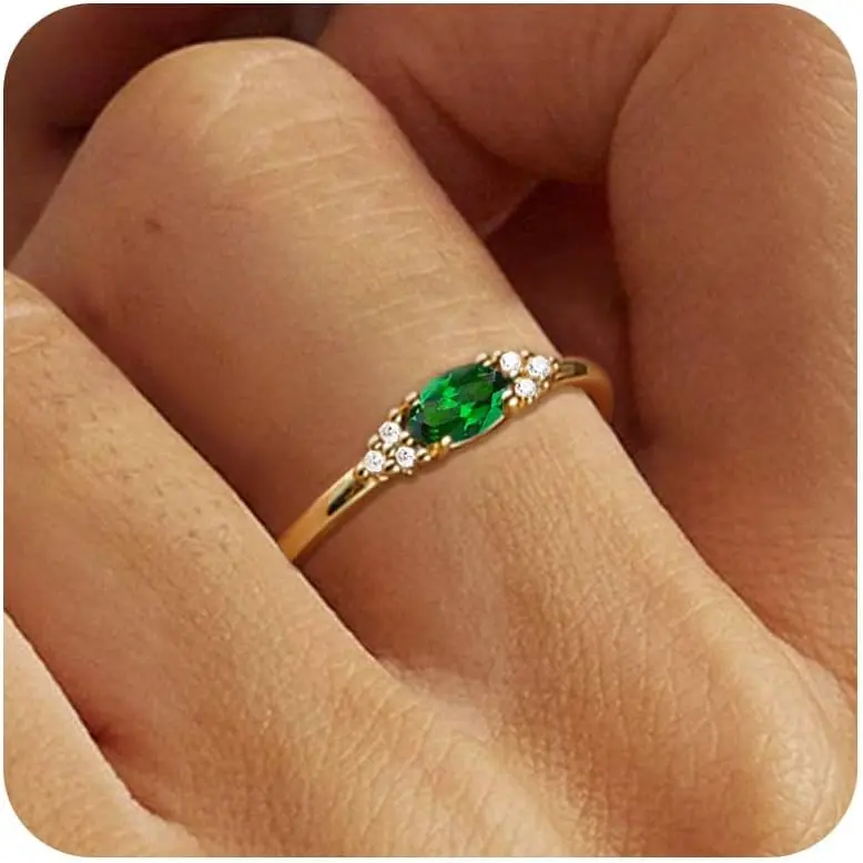 Gold Birthstone Rings for Women Non Tarnish Trendy Stackable Gold Rings that Don't Tarnish Dainty Emerald Green Gemstone Cubic Zirconia Wedding Engagement Ring for her Birthday Gifts Jewelry