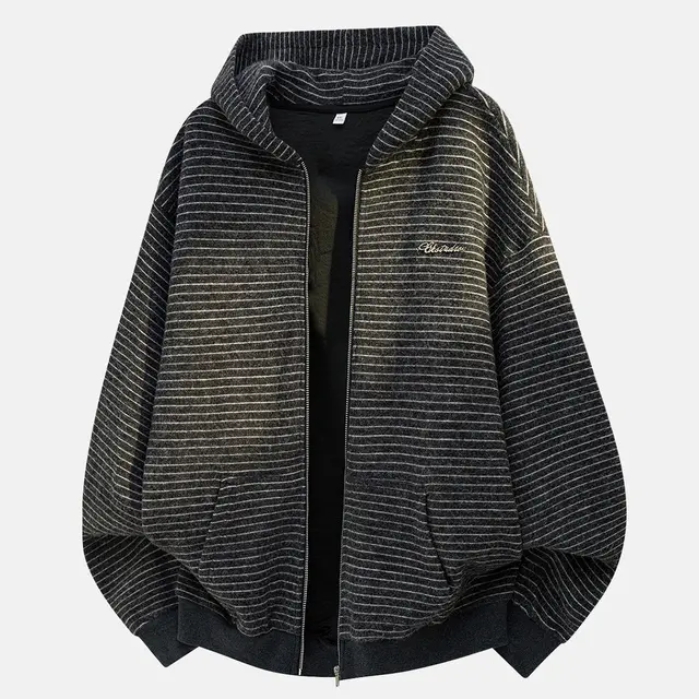 Women's Striped Soft Knit Hoodie, Casual Long Sleeve Zip-Up Sweatshirt with Embroidery, Medium Length Tops for Street Wear, Sweatshirts, Machine Wash, Polyester Knit, Stripe Pattern, Longsleeves, Women's Clothes, Hoodies For Women
