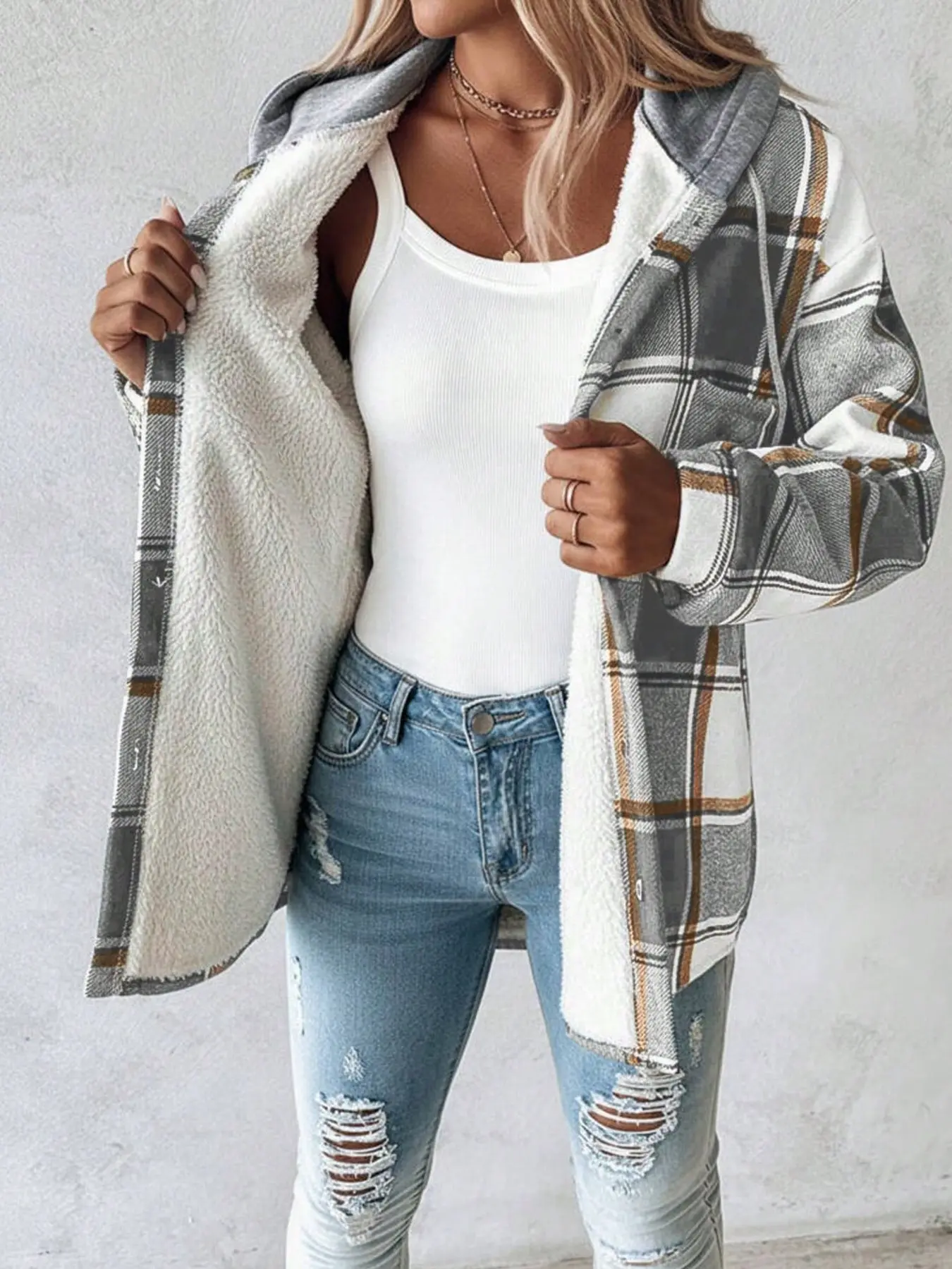 Women's Flannel Plaid Hooded Jacket, Long Sleeve, Drawstring Hat, Loose Fit, Boho Style, Windproof Warm Outerwear, Fall Fashion